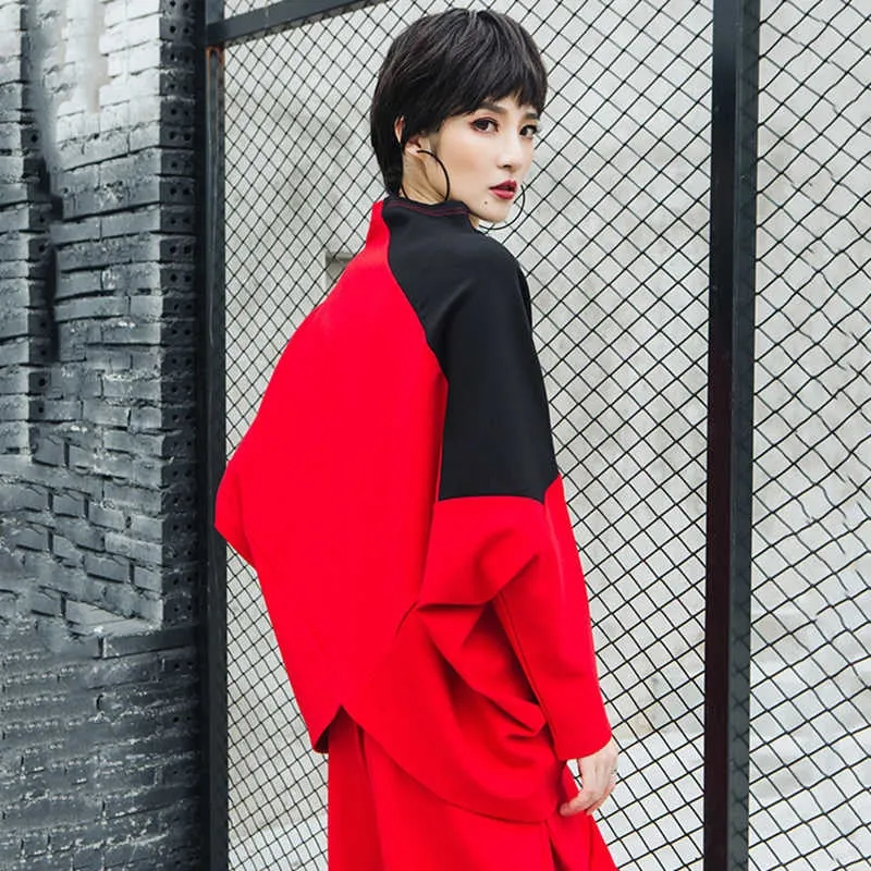 Asymmetrical Hem Pattern Stand Collar Long Sleeve Tunic Top Red/Black