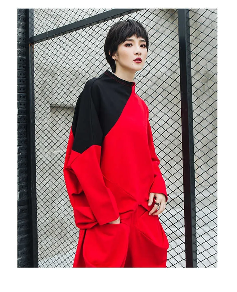 Asymmetrical Hem Pattern Stand Collar Long Sleeve Tunic Top Red/Black