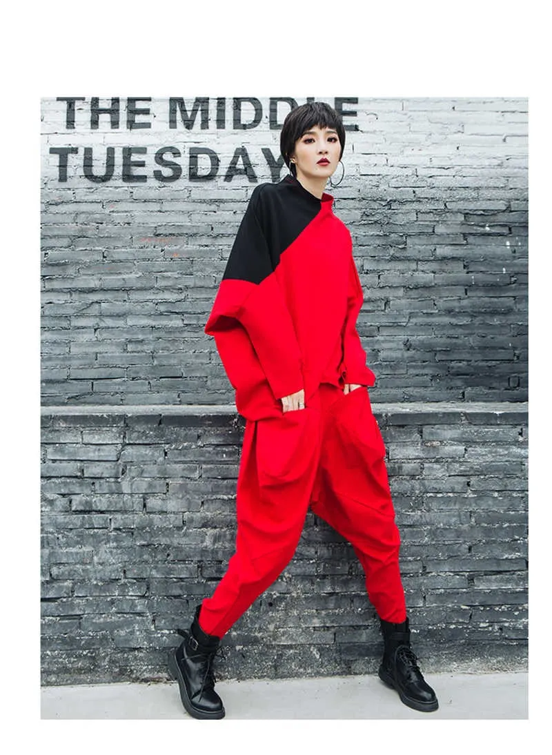 Asymmetrical Hem Pattern Stand Collar Long Sleeve Tunic Top Red/Black