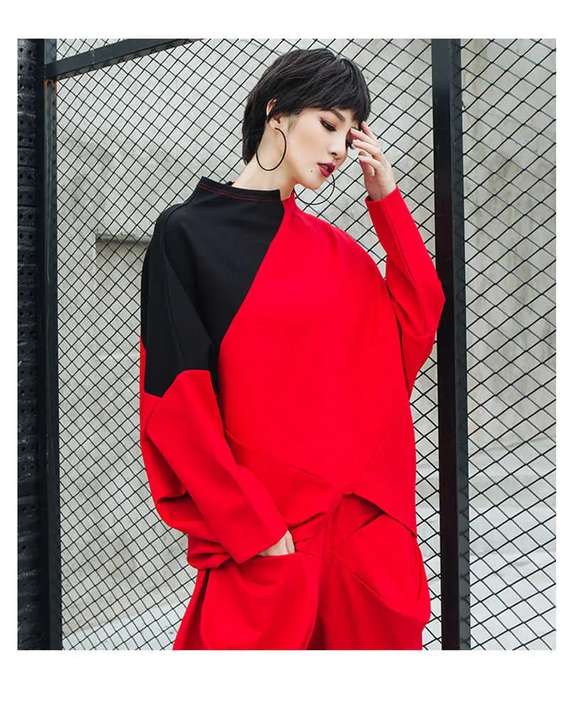 Asymmetrical Hem Pattern Stand Collar Long Sleeve Tunic Top Red/Black