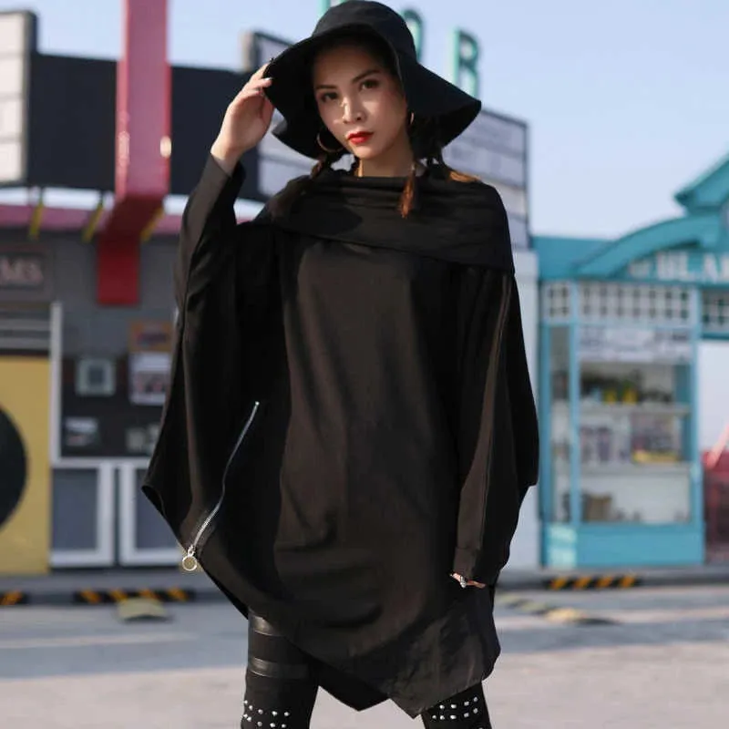 Asymmetrical Hem Scarf Collar Long Sleeve with Zipper Accents Tunic Top Black