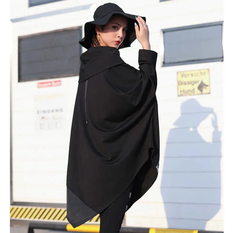 Asymmetrical Hem Scarf Collar Long Sleeve with Zipper Accents Tunic Top Black