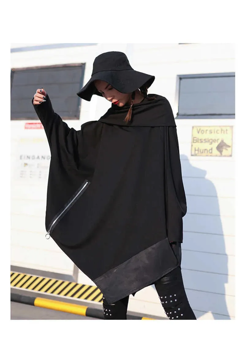 Asymmetrical Hem Scarf Collar Long Sleeve with Zipper Accents Tunic Top Black