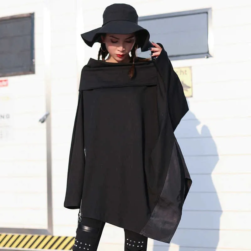 Asymmetrical Hem Scarf Collar Long Sleeve with Zipper Accents Tunic Top Black