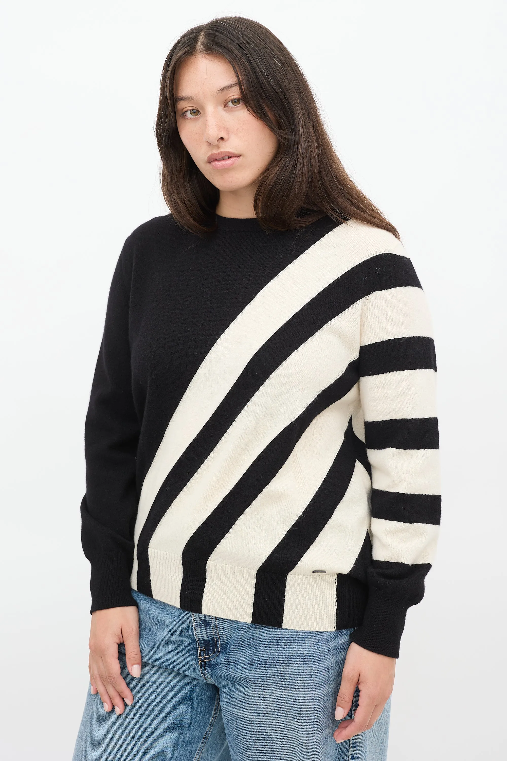 Black & White Cashmere Striped Panel Sweater