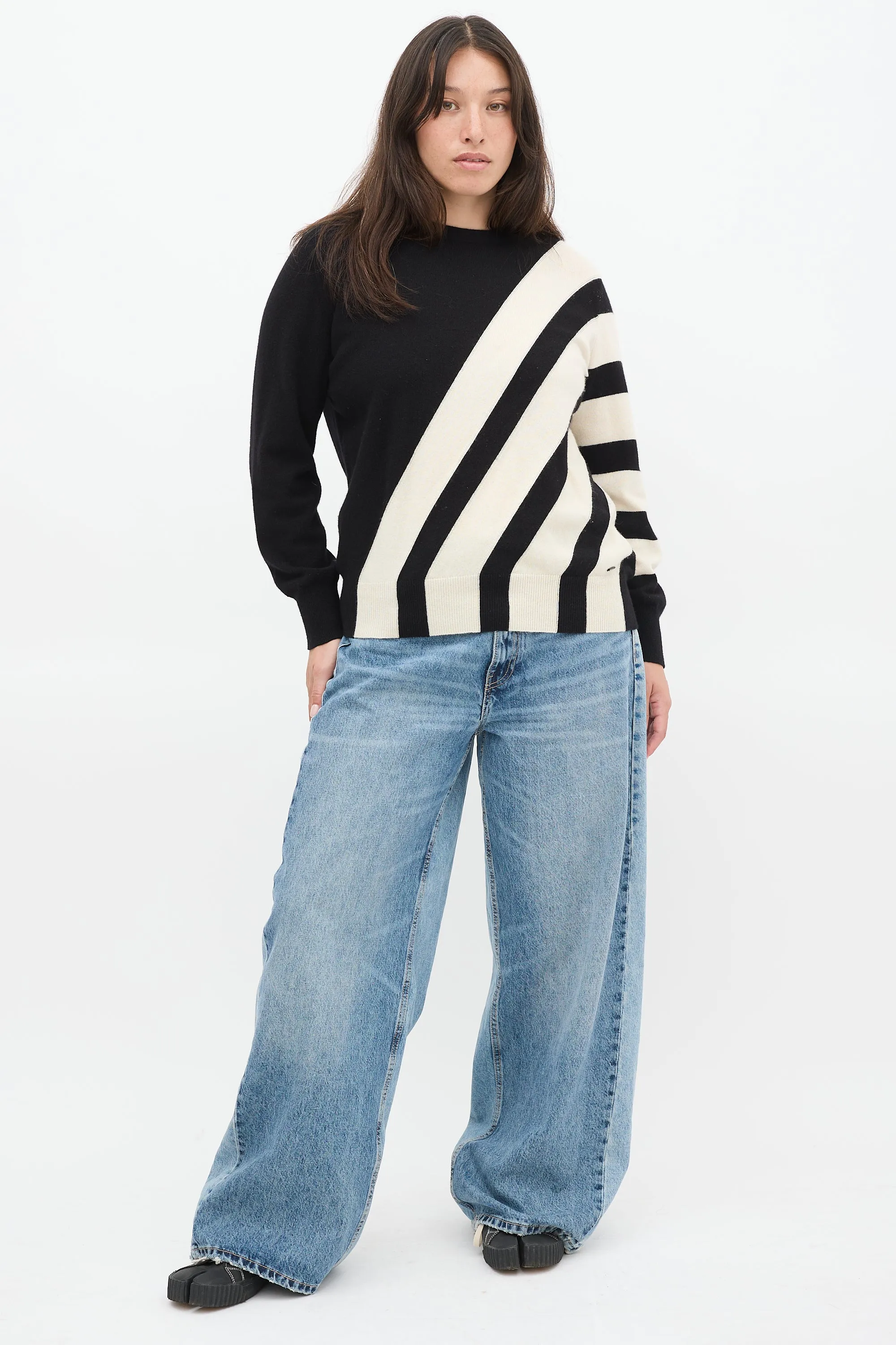 Black & White Cashmere Striped Panel Sweater