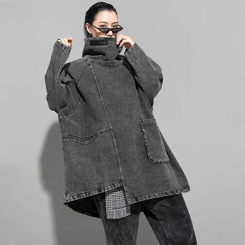 Black Denim Asymmetrical Tunic Oversized High Collar