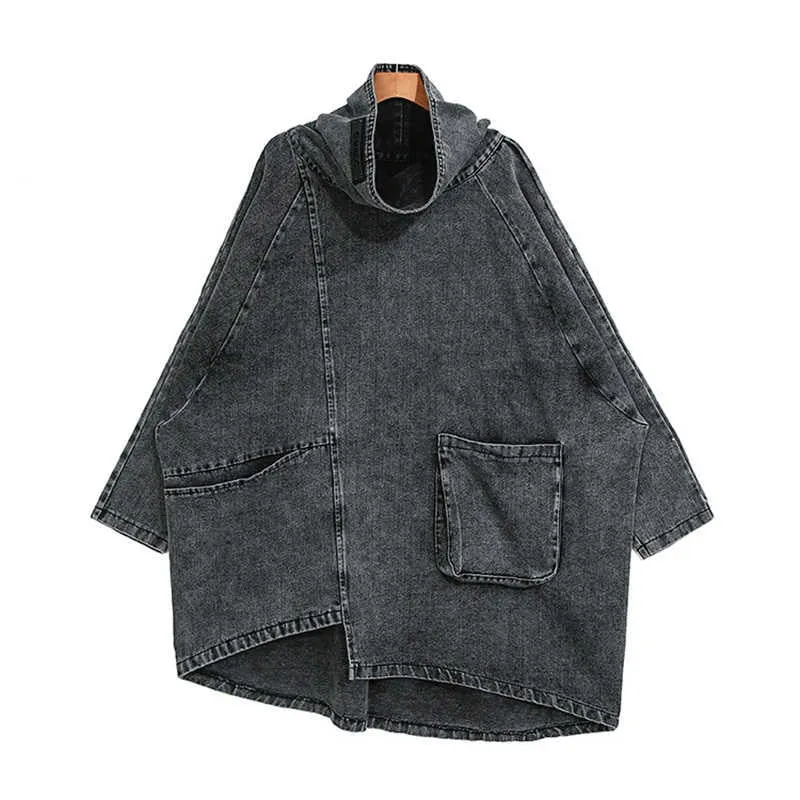 Black Denim Asymmetrical Tunic Oversized High Collar