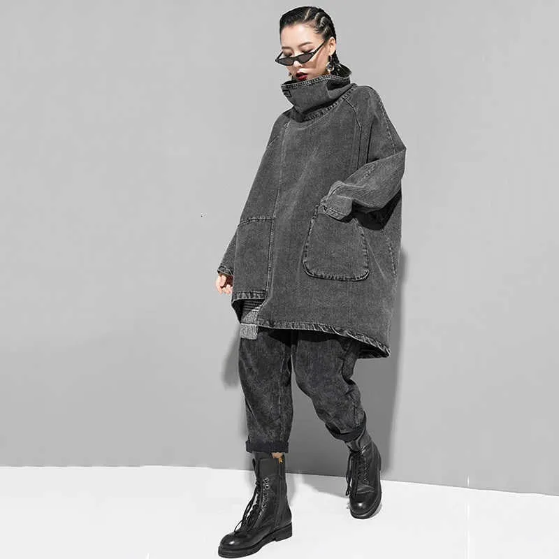 Black Denim Asymmetrical Tunic Oversized High Collar
