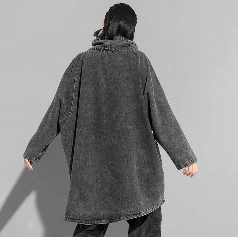 Black Denim Asymmetrical Tunic Oversized High Collar