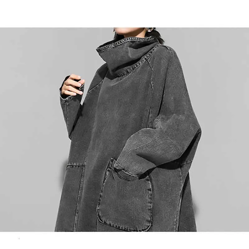 Black Denim Asymmetrical Tunic Oversized High Collar