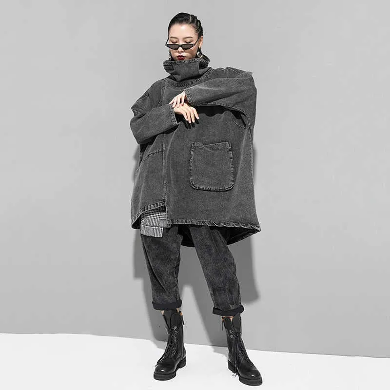 Black Denim Asymmetrical Tunic Oversized High Collar