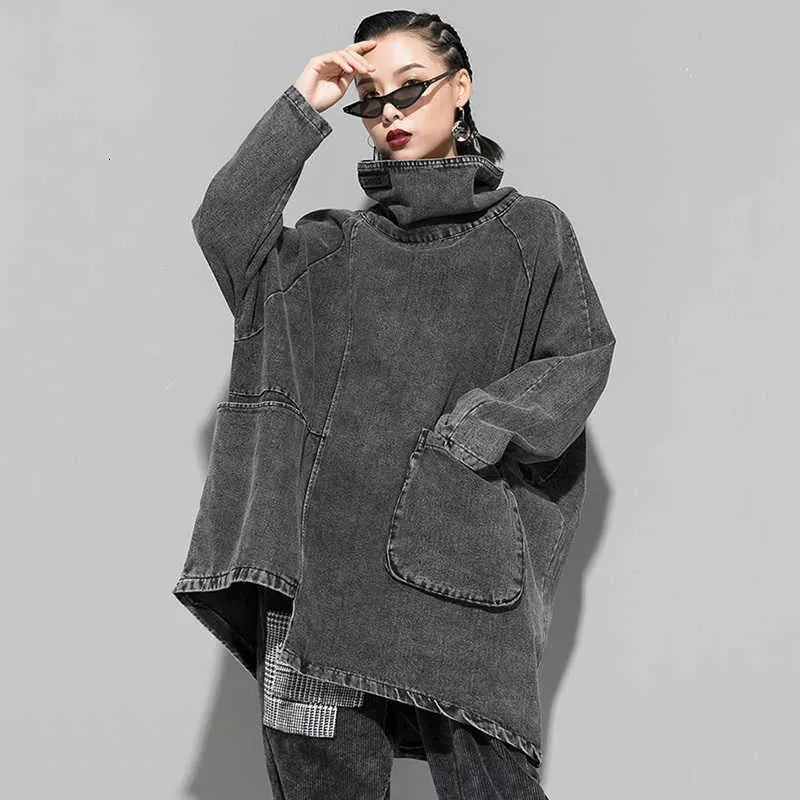 Black Denim Asymmetrical Tunic Oversized High Collar