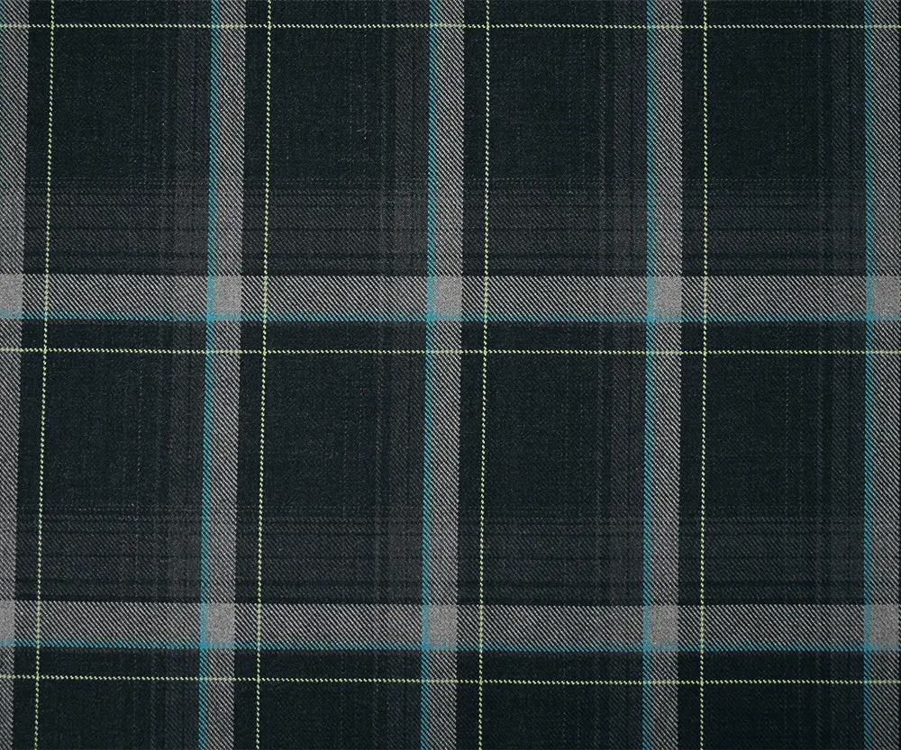 Black-Turquoise-Multi Poly-Wool Plaid Twill Suiting Woven Fabric