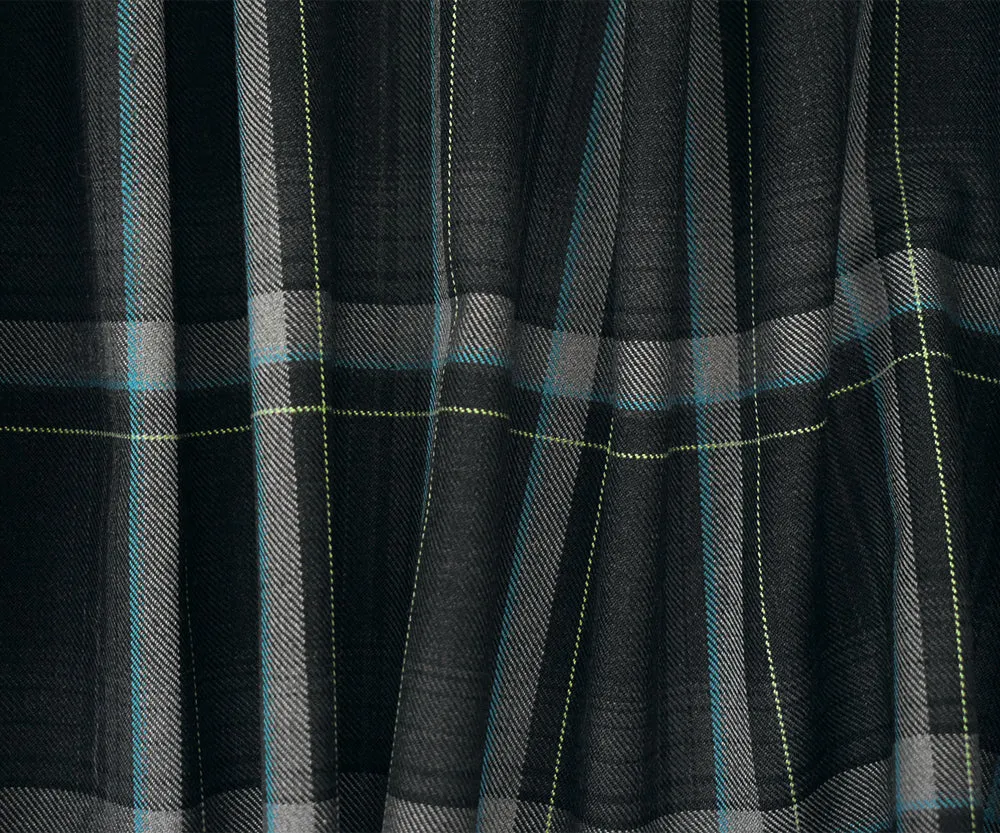Black-Turquoise-Multi Poly-Wool Plaid Twill Suiting Woven Fabric
