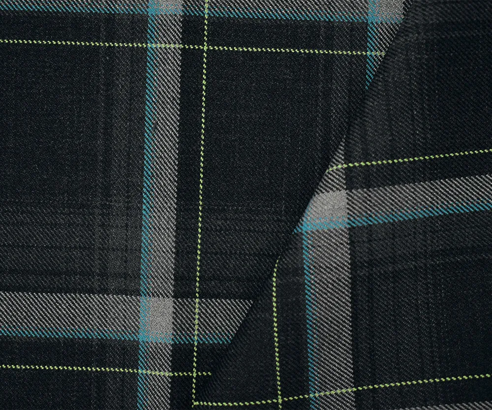 Black-Turquoise-Multi Poly-Wool Plaid Twill Suiting Woven Fabric