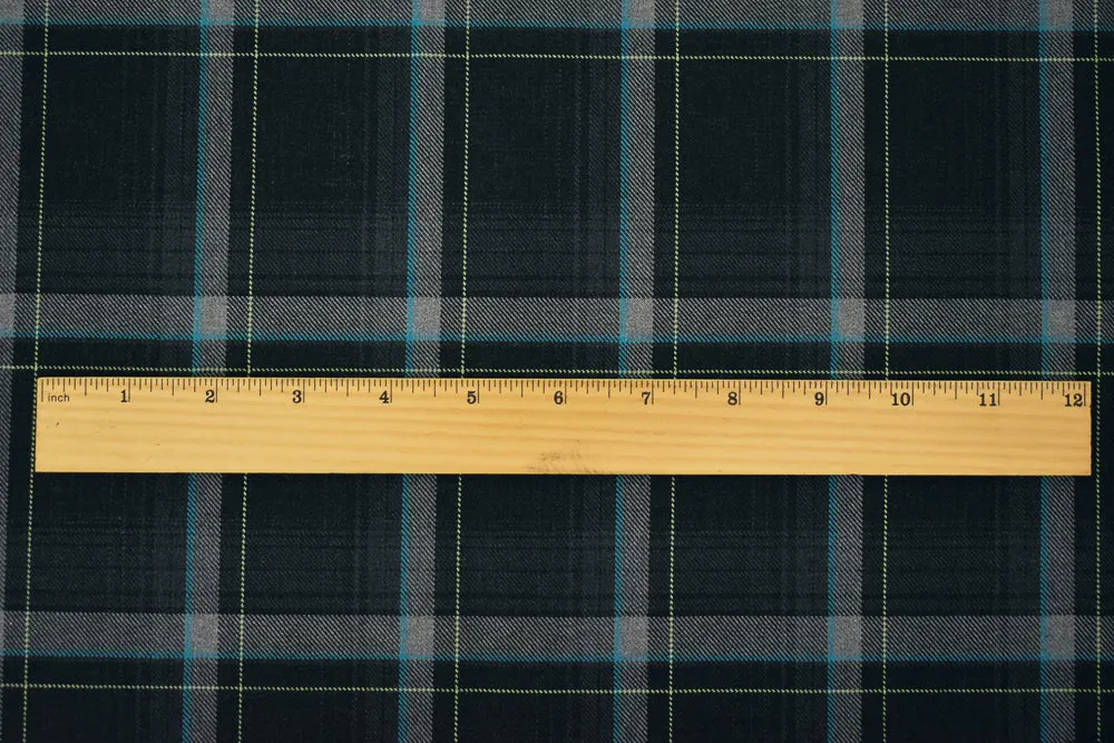 Black-Turquoise-Multi Poly-Wool Plaid Twill Suiting Woven Fabric