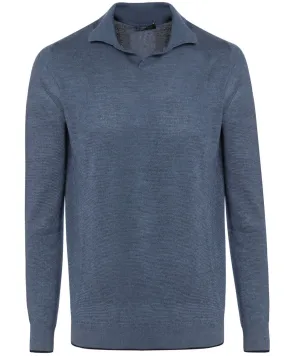 Blue Cashmere Blend Textured Long Sleeve Polo