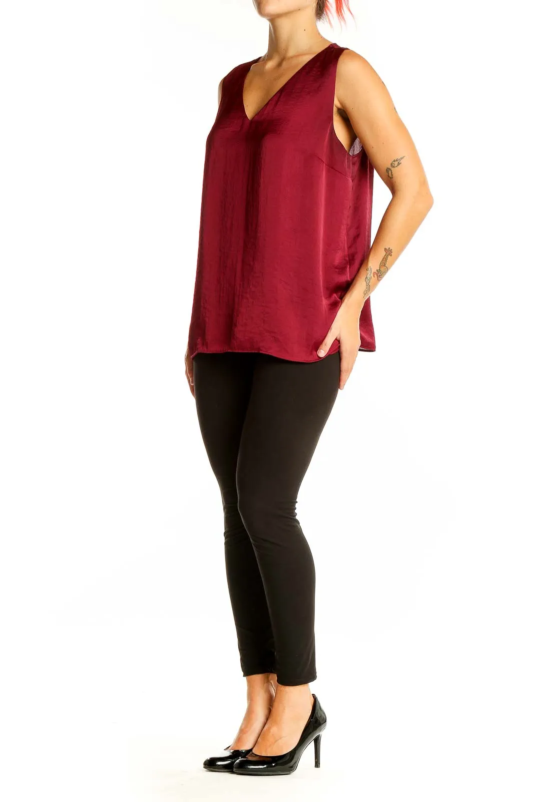 Burgundy V-Neck Sleeveless Polyester Top