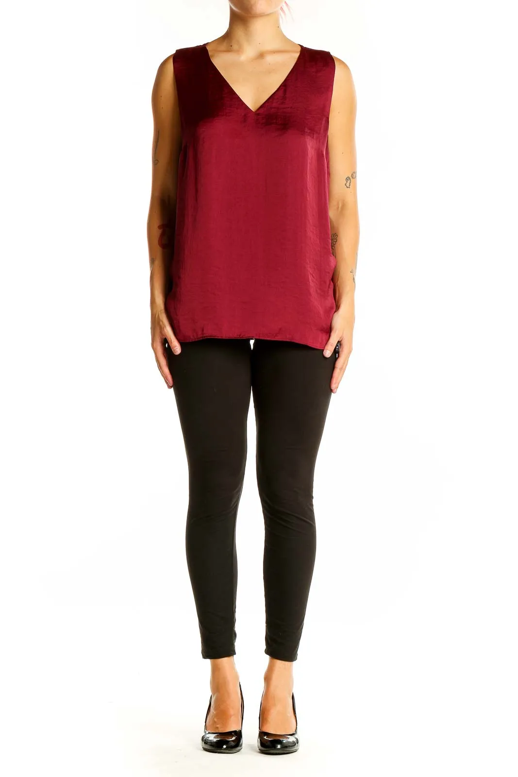 Burgundy V-Neck Sleeveless Polyester Top