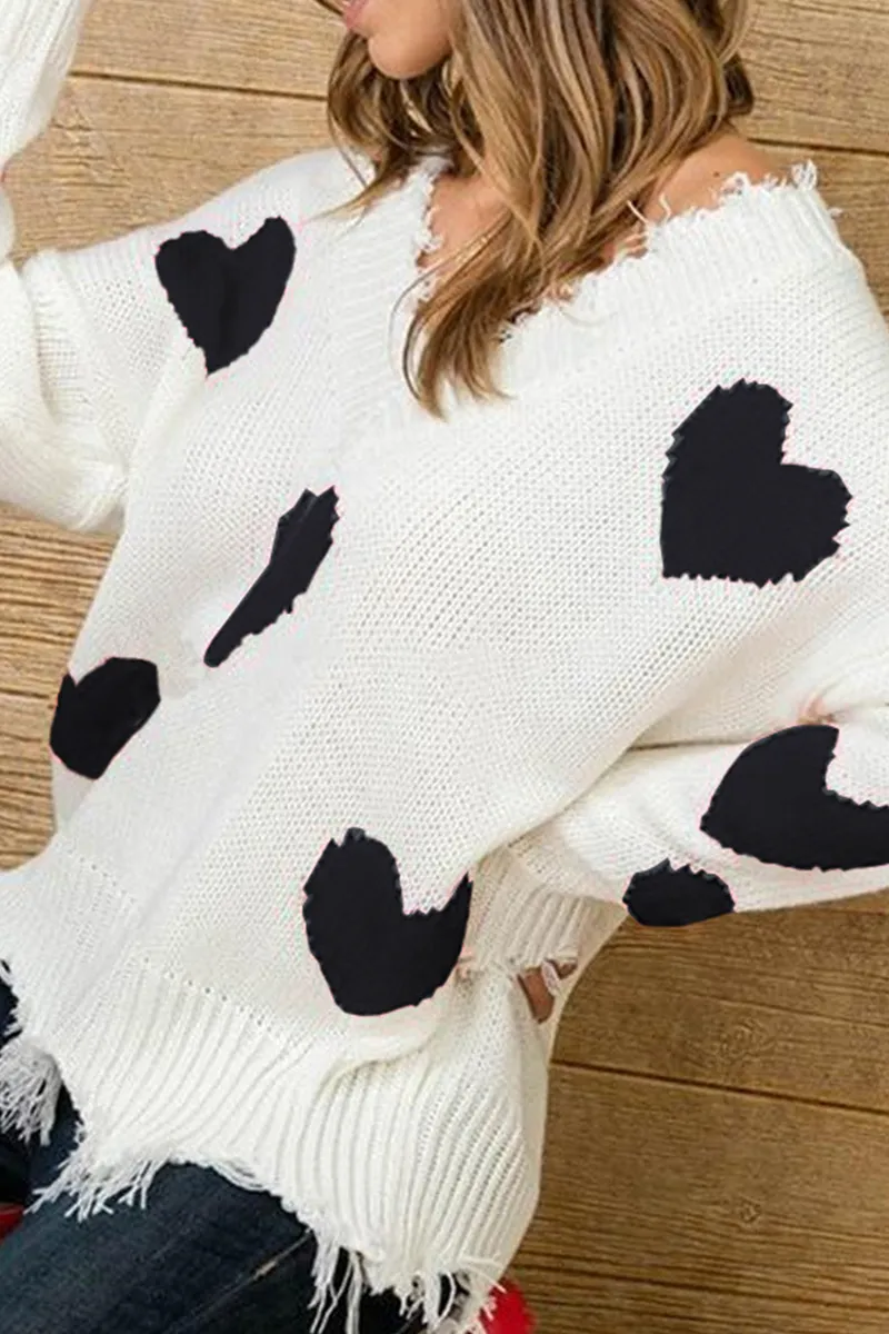 Casual Print Tassel  Contrast V Neck Tops Sweater