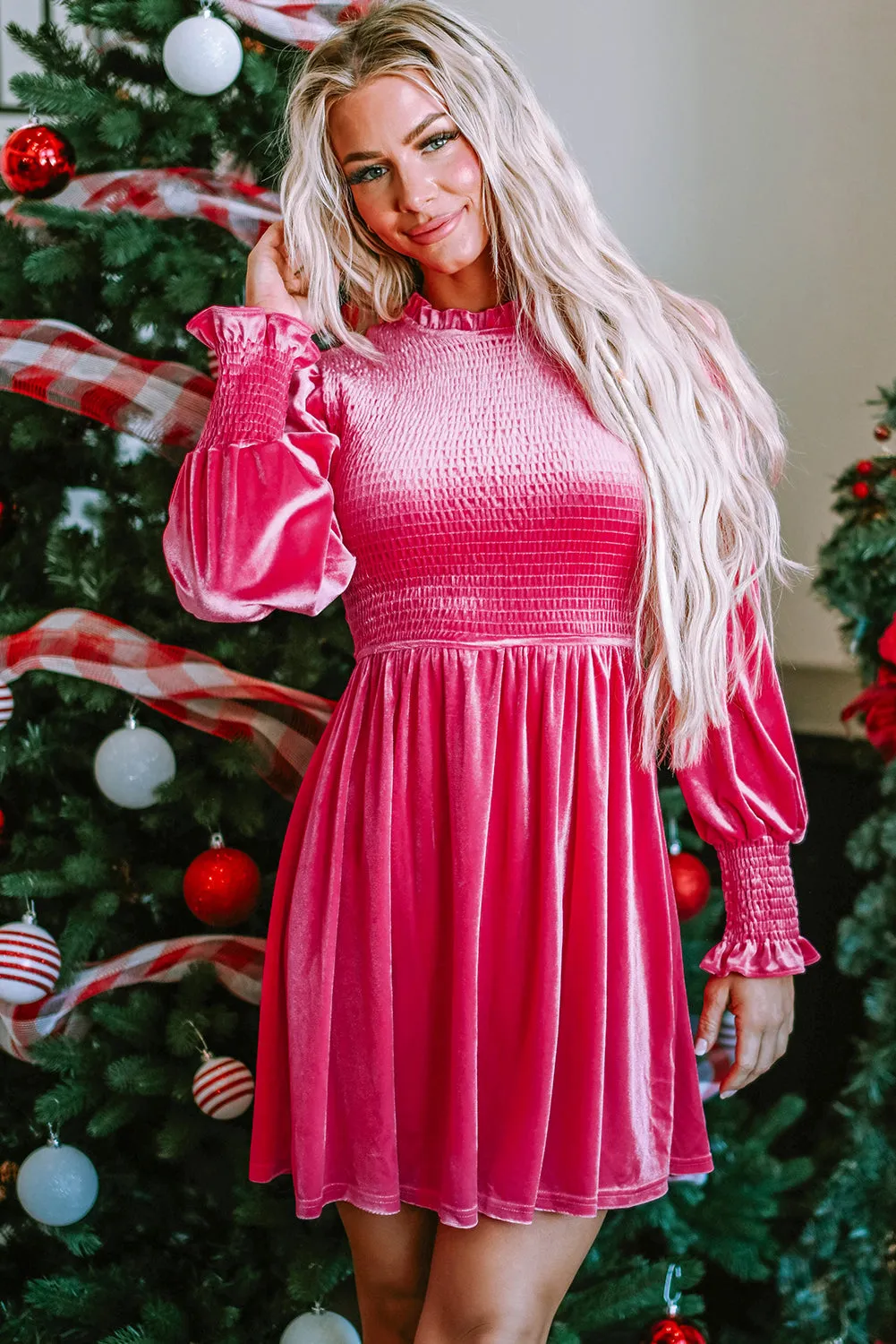 Frilled Neck Smocked Velvet Dress