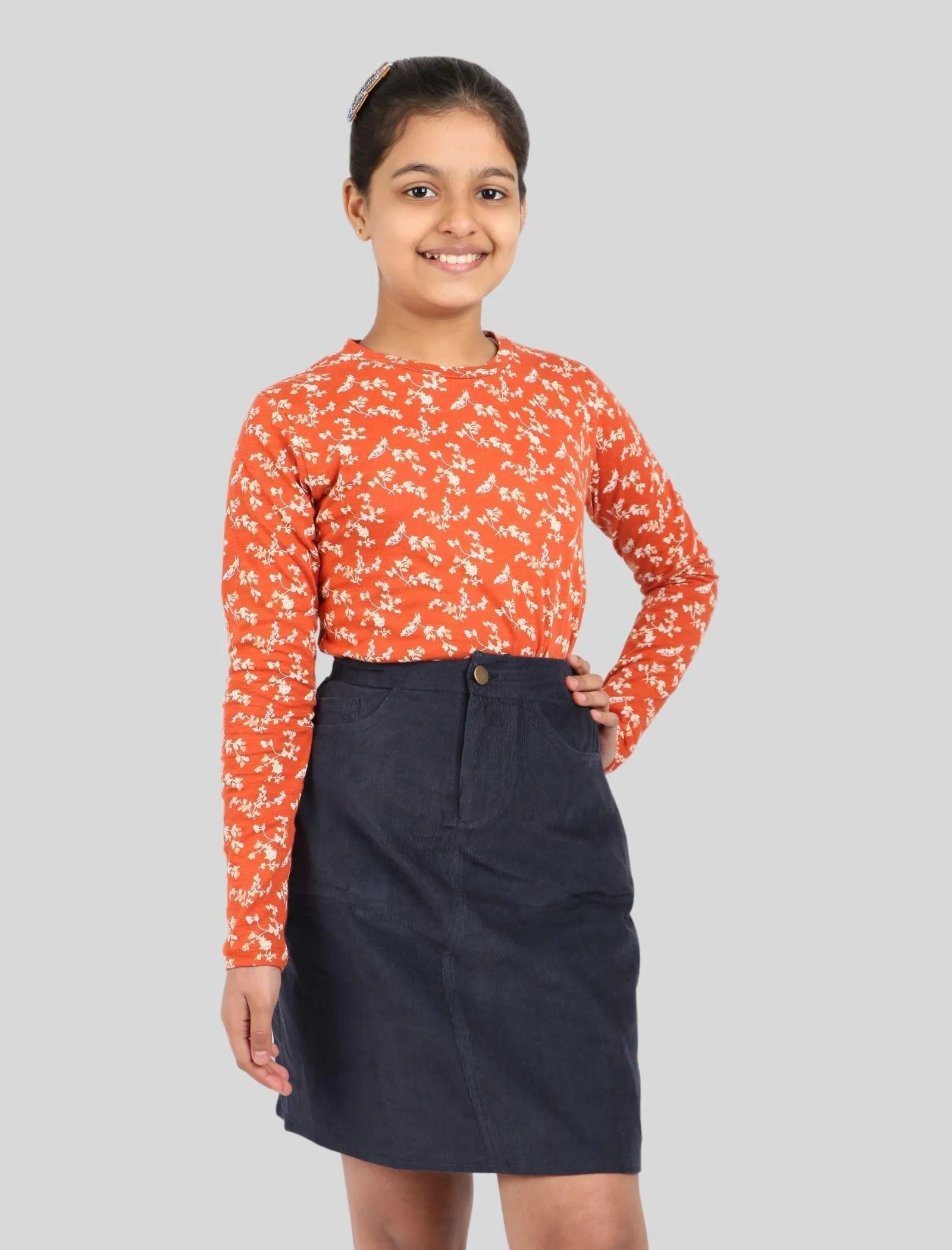 Girls Kids Floral Rust Full Sleeve Winter Tops, T-Shirts