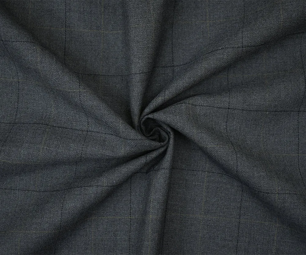 Gray-Brown-Deep Navy Poly-Wool Check Herringbone Suiting Woven Fabric