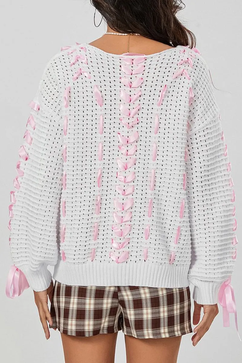 HWS1199 Ribbon Lace-Up Knit Sweater