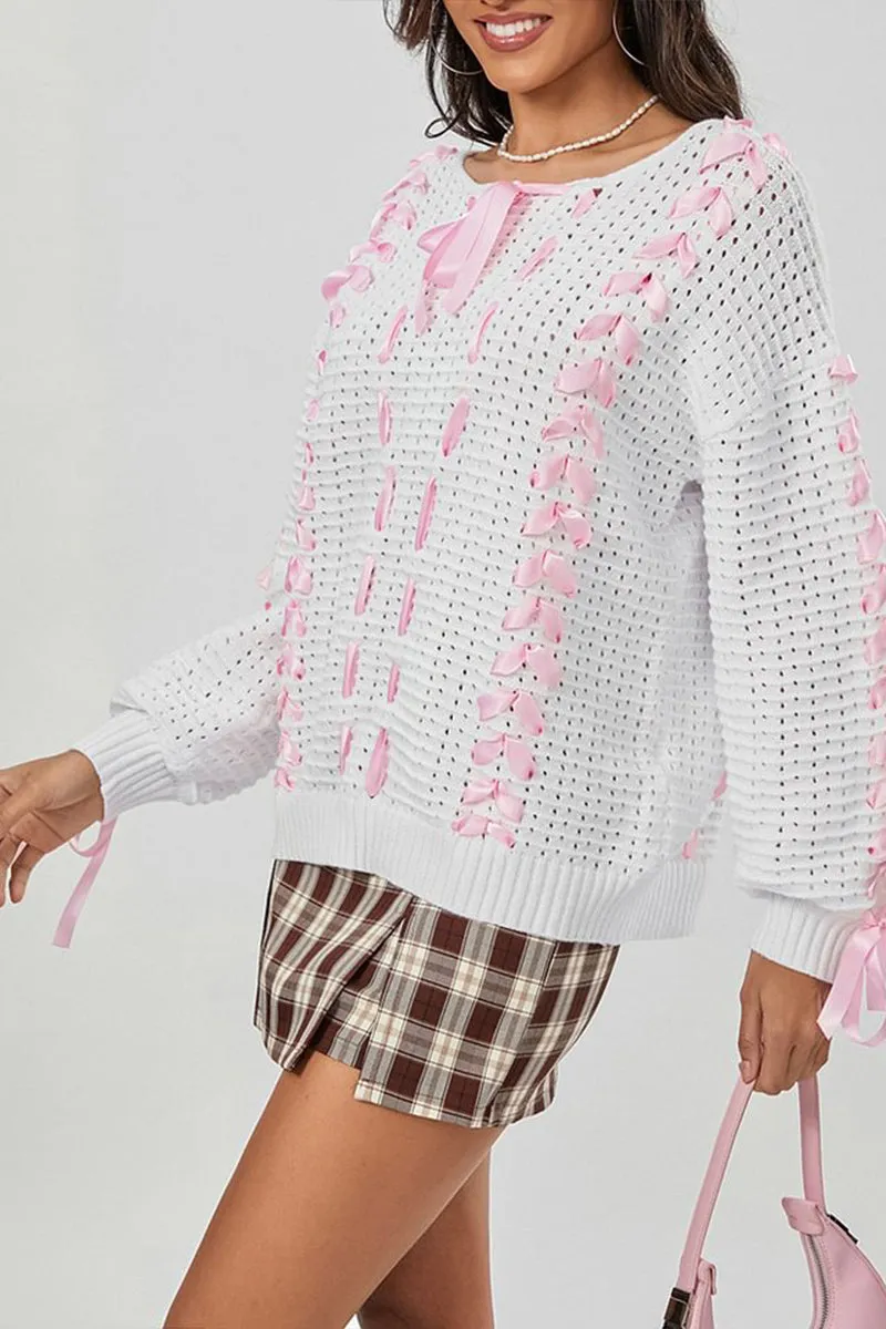 HWS1199 Ribbon Lace-Up Knit Sweater
