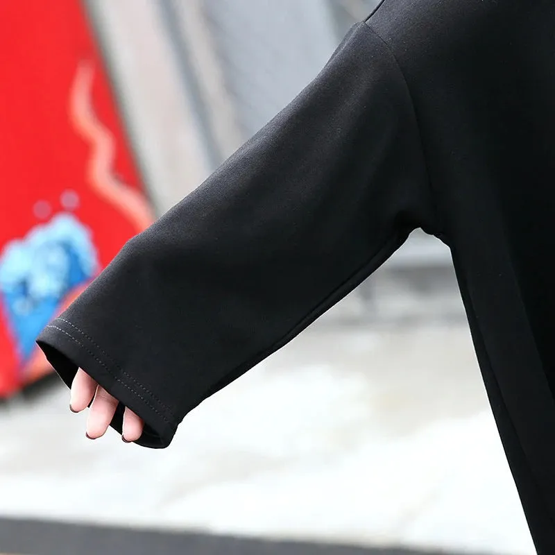 Irregular Hem Jersey Rounded Collar Long Sleeve Top Black