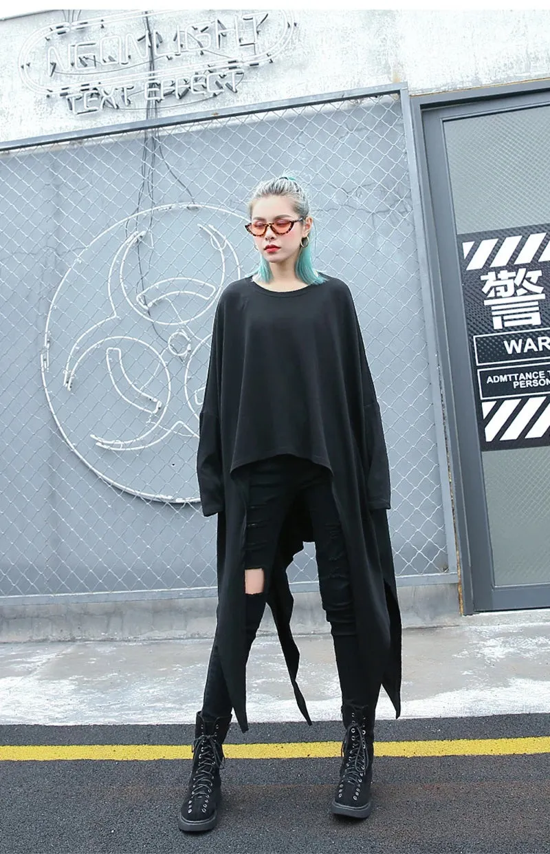 Irregular Hem Jersey Rounded Collar Long Sleeve Top Black