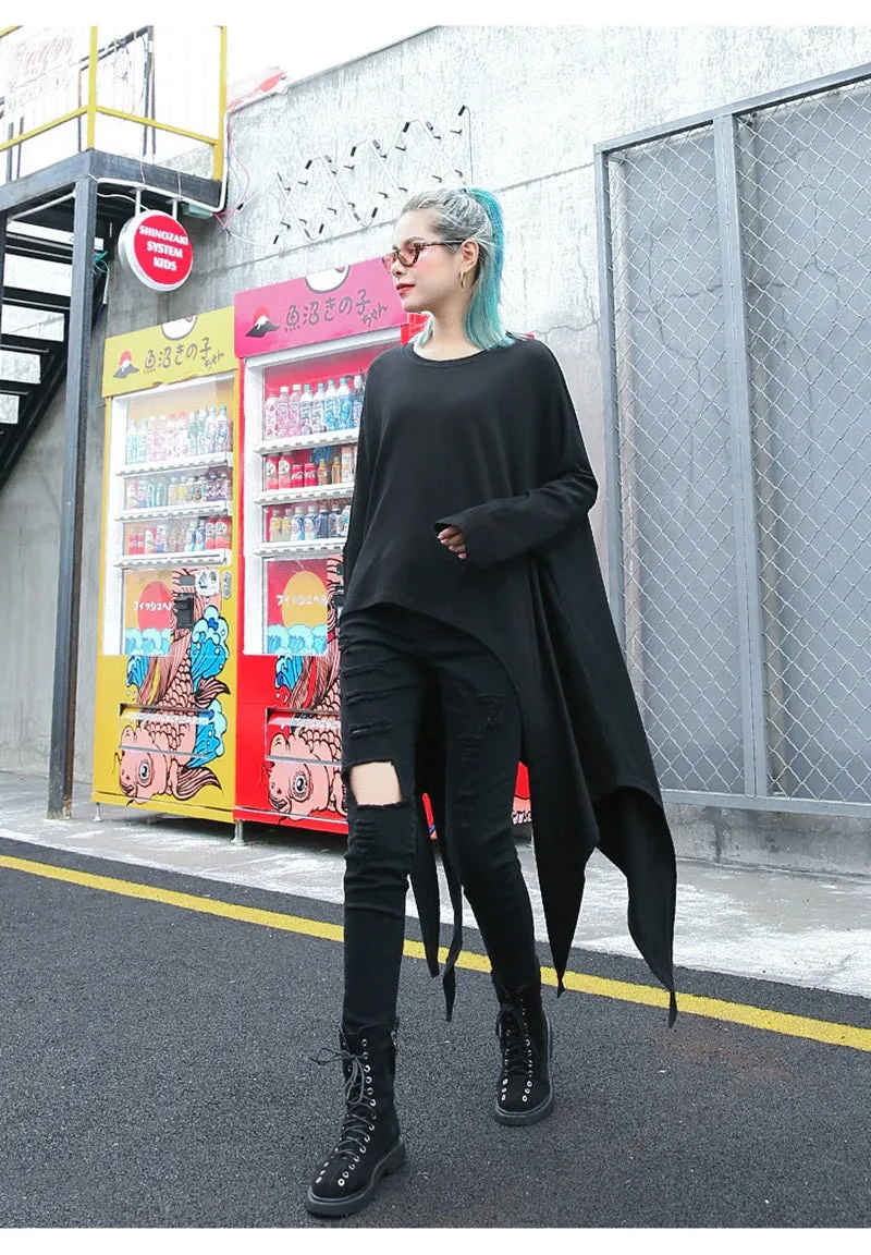 Irregular Hem Jersey Rounded Collar Long Sleeve Top Black