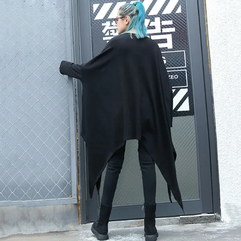 Irregular Hem Jersey Rounded Collar Long Sleeve Top Black