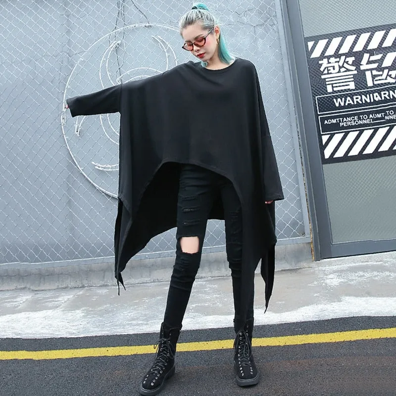 Irregular Hem Jersey Rounded Collar Long Sleeve Top Black