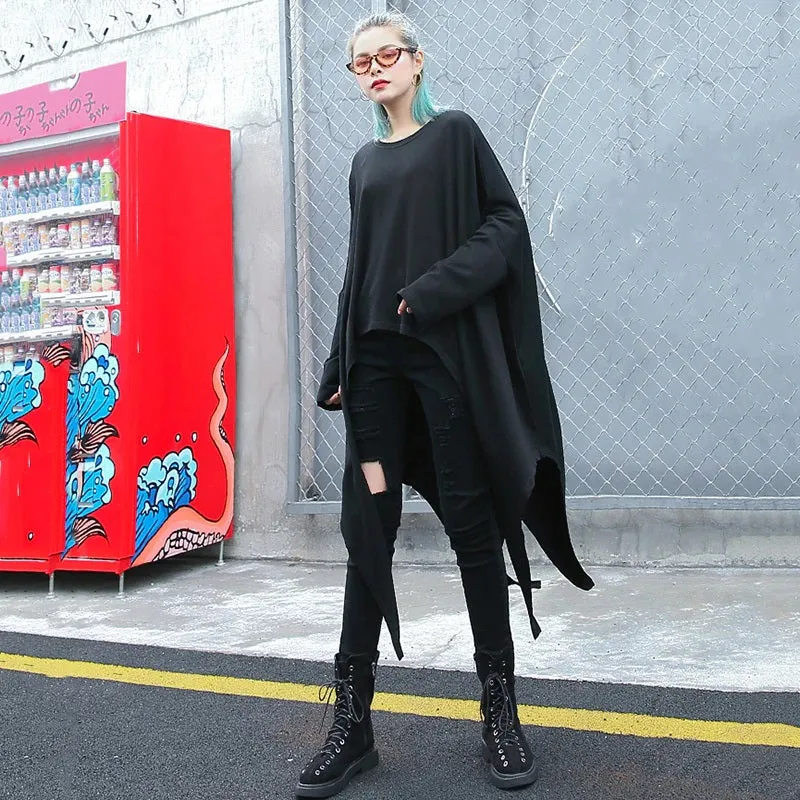 Irregular Hem Jersey Rounded Collar Long Sleeve Top Black