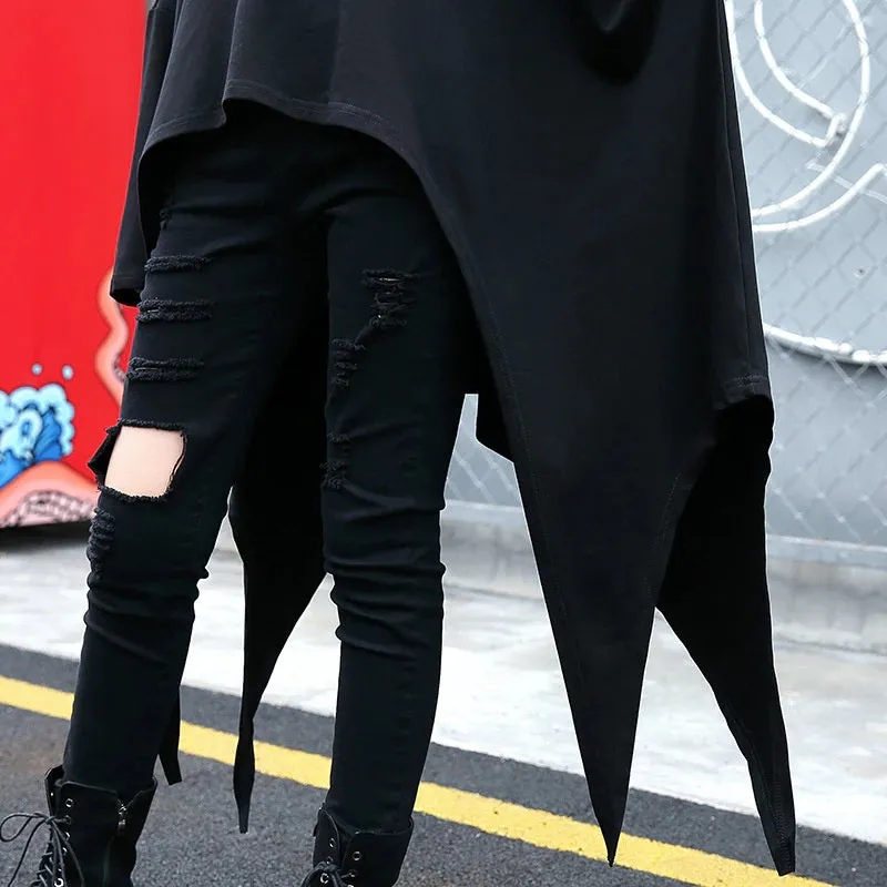 Irregular Hem Jersey Rounded Collar Long Sleeve Top Black