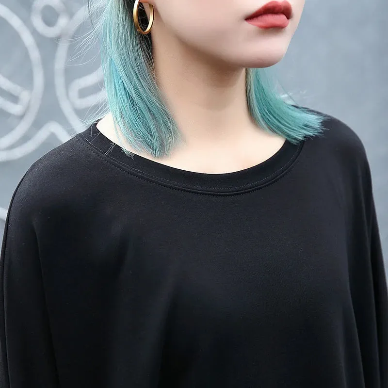 Irregular Hem Jersey Rounded Collar Long Sleeve Top Black