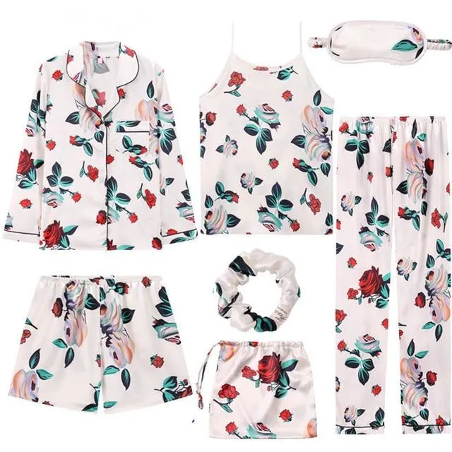 JULY'S SONG 2019 Women 7 Pieces Pajamas Sets Stain Faux Silk Pajamas Women Sleepwear Sets  Autumn Winter Tops Shorts Shirt Pants