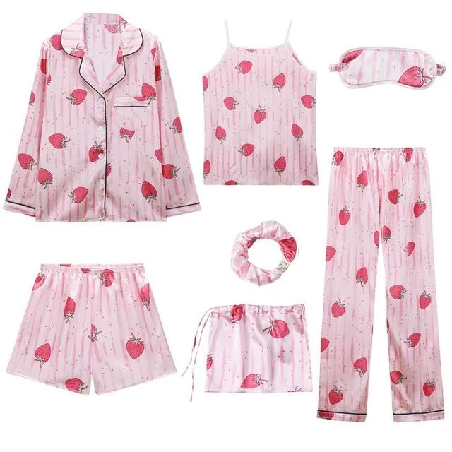 JULY'S SONG 2019 Women 7 Pieces Pajamas Sets Stain Faux Silk Pajamas Women Sleepwear Sets  Autumn Winter Tops Shorts Shirt Pants
