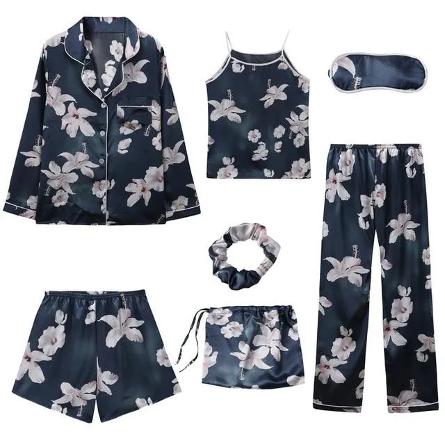 JULY'S SONG 2019 Women 7 Pieces Pajamas Sets Stain Faux Silk Pajamas Women Sleepwear Sets  Autumn Winter Tops Shorts Shirt Pants