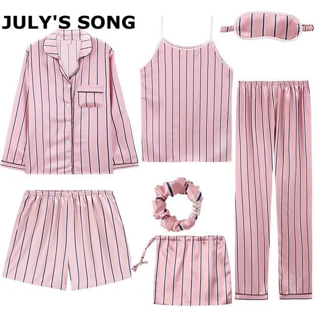 JULY'S SONG 2019 Women 7 Pieces Pajamas Sets Stain Faux Silk Pajamas Women Sleepwear Sets  Autumn Winter Tops Shorts Shirt Pants
