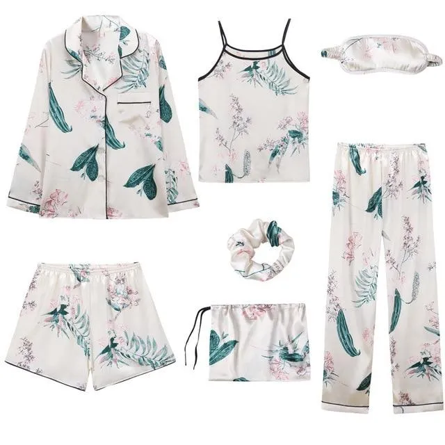 JULY'S SONG 2019 Women 7 Pieces Pajamas Sets Stain Faux Silk Pajamas Women Sleepwear Sets  Autumn Winter Tops Shorts Shirt Pants