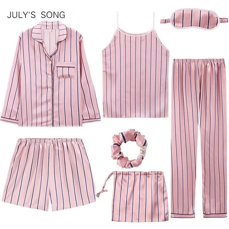 JULY'S SONG 2019 Women 7 Pieces Pajamas Sets Stain Faux Silk Pajamas Women Sleepwear Sets  Autumn Winter Tops Shorts Shirt Pants