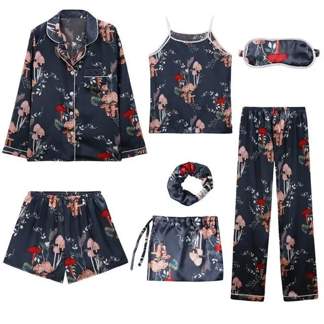 JULY'S SONG 2019 Women 7 Pieces Pajamas Sets Stain Faux Silk Pajamas Women Sleepwear Sets  Autumn Winter Tops Shorts Shirt Pants