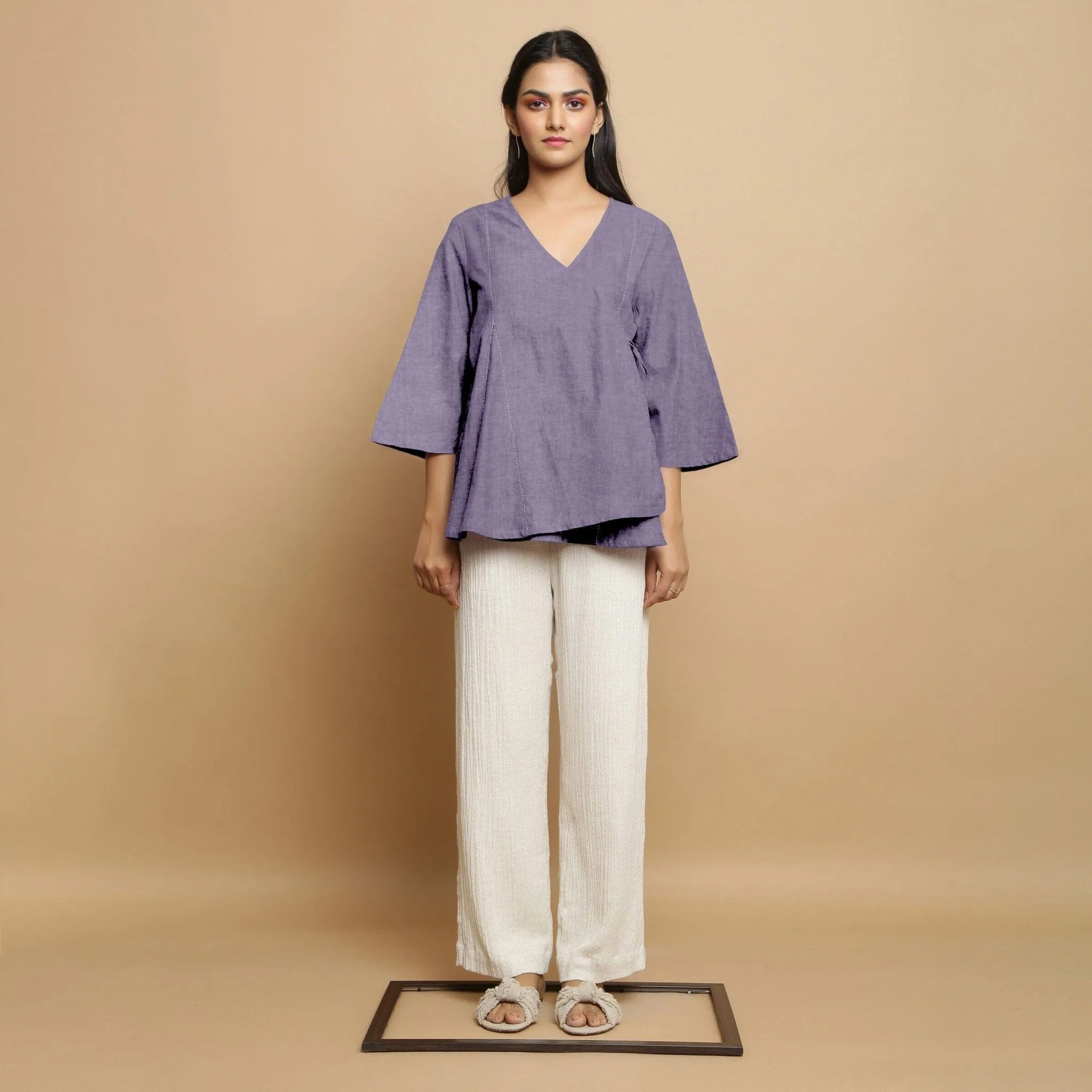 Lavender Cotton Linen Asymmetrical V-Neck Godet Top