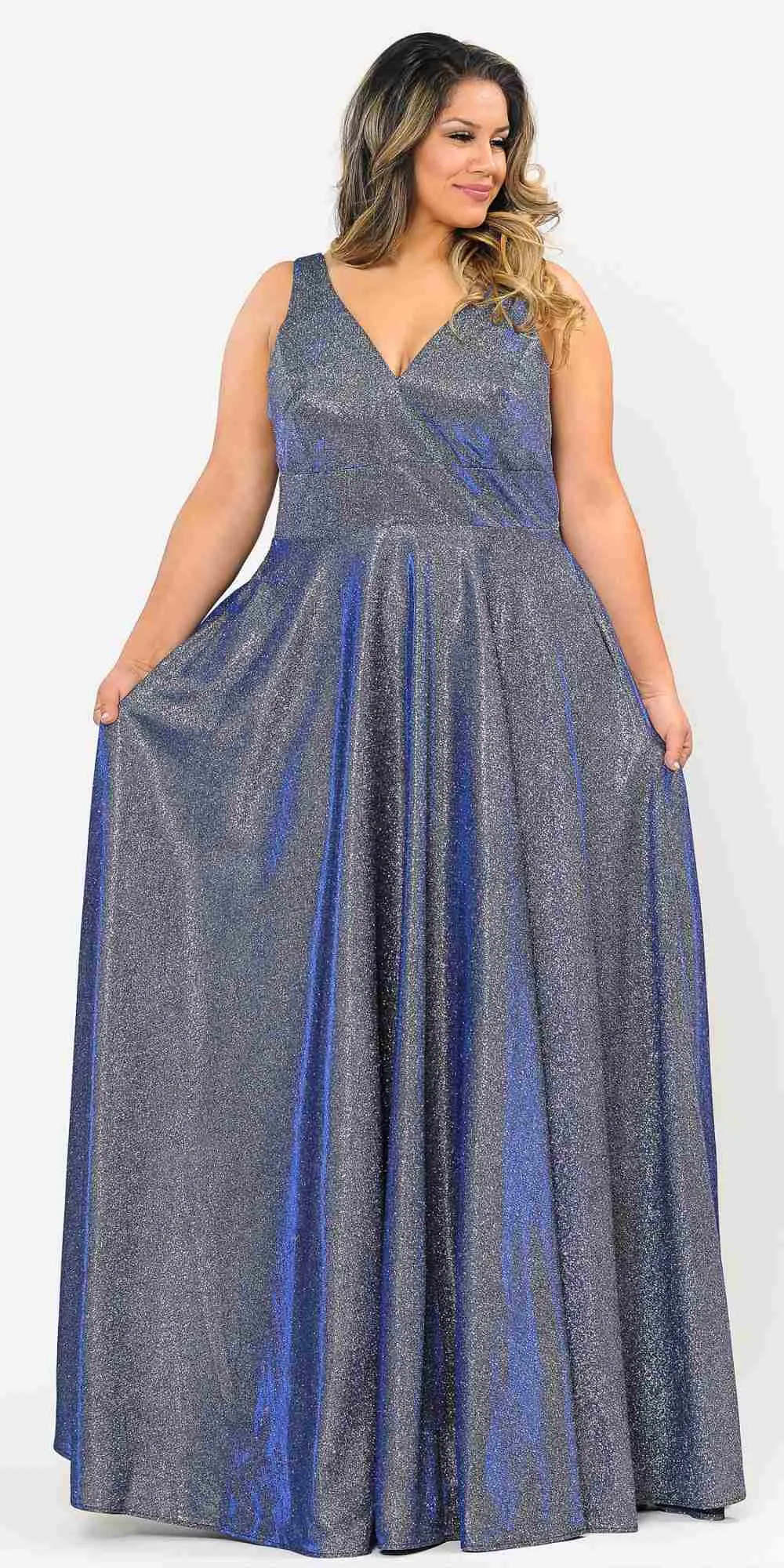 Lindas W1036 Floor Length Iridescent Glitter Knit V-Neck Plus Size Dress