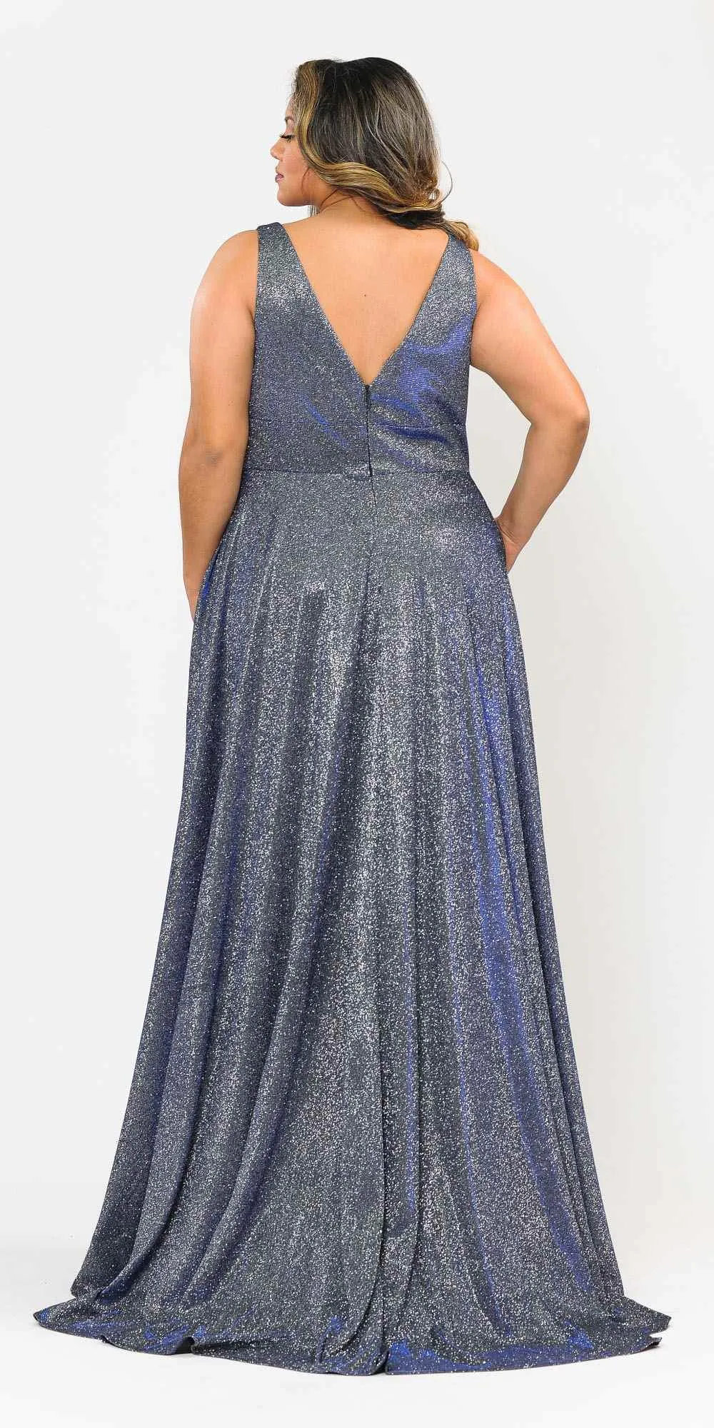 Lindas W1036 Floor Length Iridescent Glitter Knit V-Neck Plus Size Dress