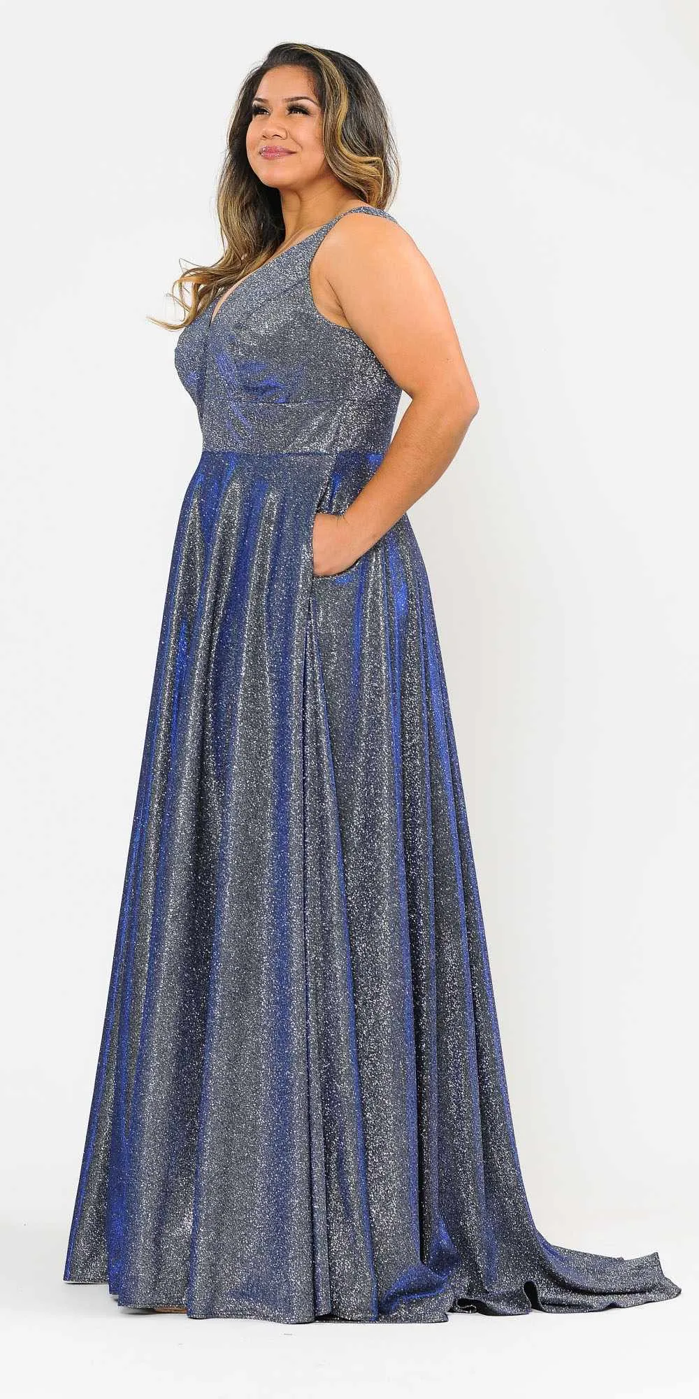 Lindas W1036 Floor Length Iridescent Glitter Knit V-Neck Plus Size Dress