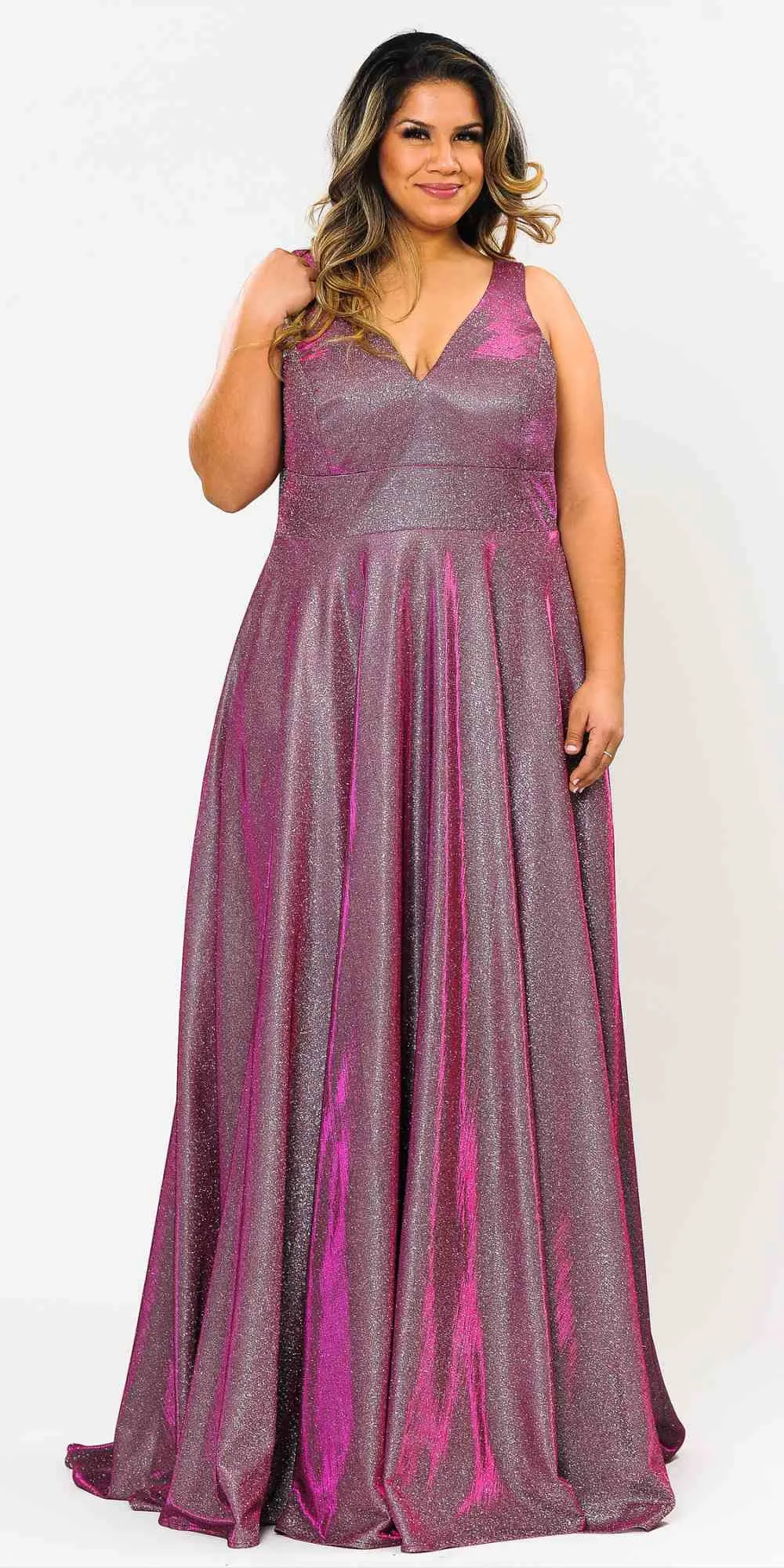 Lindas W1036 Floor Length Iridescent Glitter Knit V-Neck Plus Size Dress